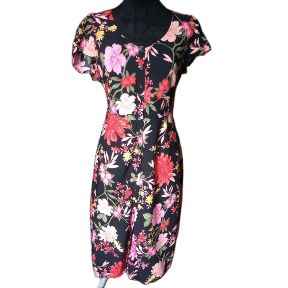 Old Navy Women's SP Button Front Black Floral Prairie Midi Dress